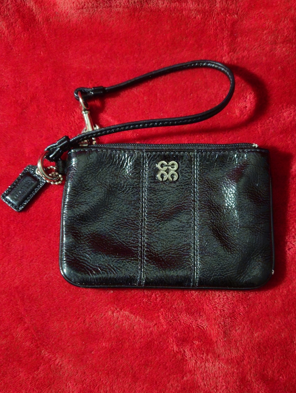 Coach Black Patent Leather Wristlet with Silver Accent